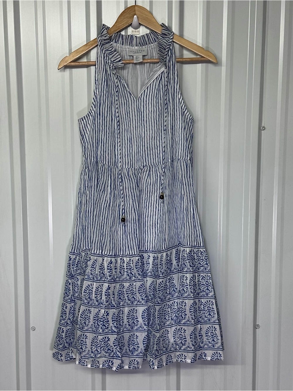 Calypso St. Barth Sleeveless Mixed Print Tiered Dress Boho Resort Coastal Luxe
